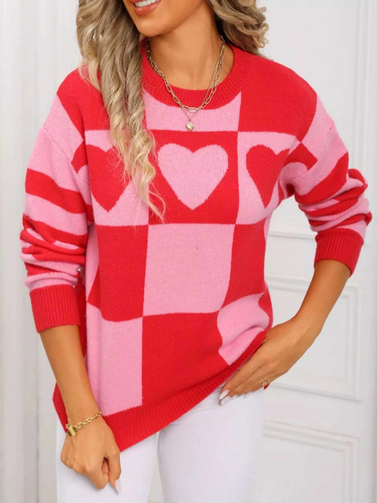 Heart Pattern Checkerboard Knit Sweater 100100337123266 46 Affordable Fashion Under $100 Jerry's Apparel 