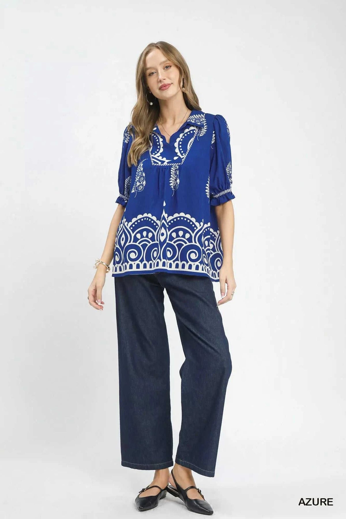 Umgee Printed Puff Sleeve Split Neck Top 100100188901926 47 Affordable Fashion Under $100 Jerry's Apparel 