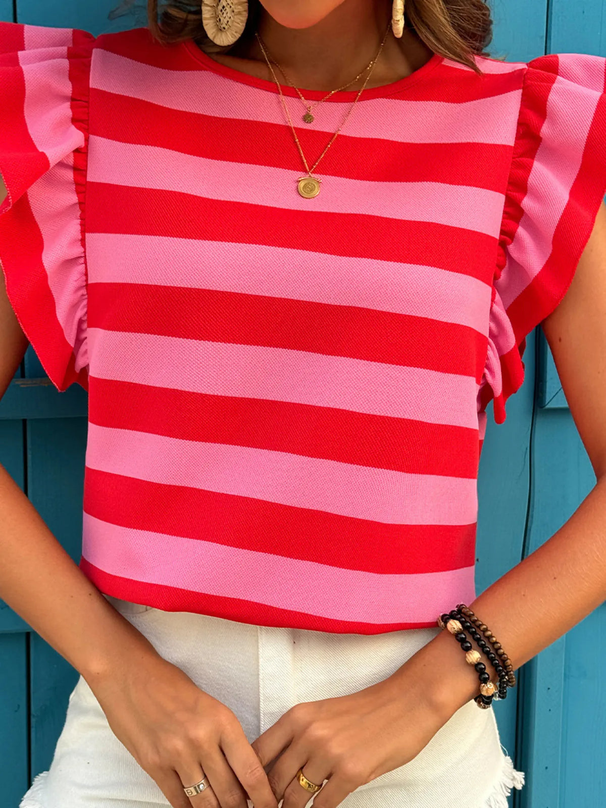 Contrast Striped Ruffle Sleeve T-Shirt