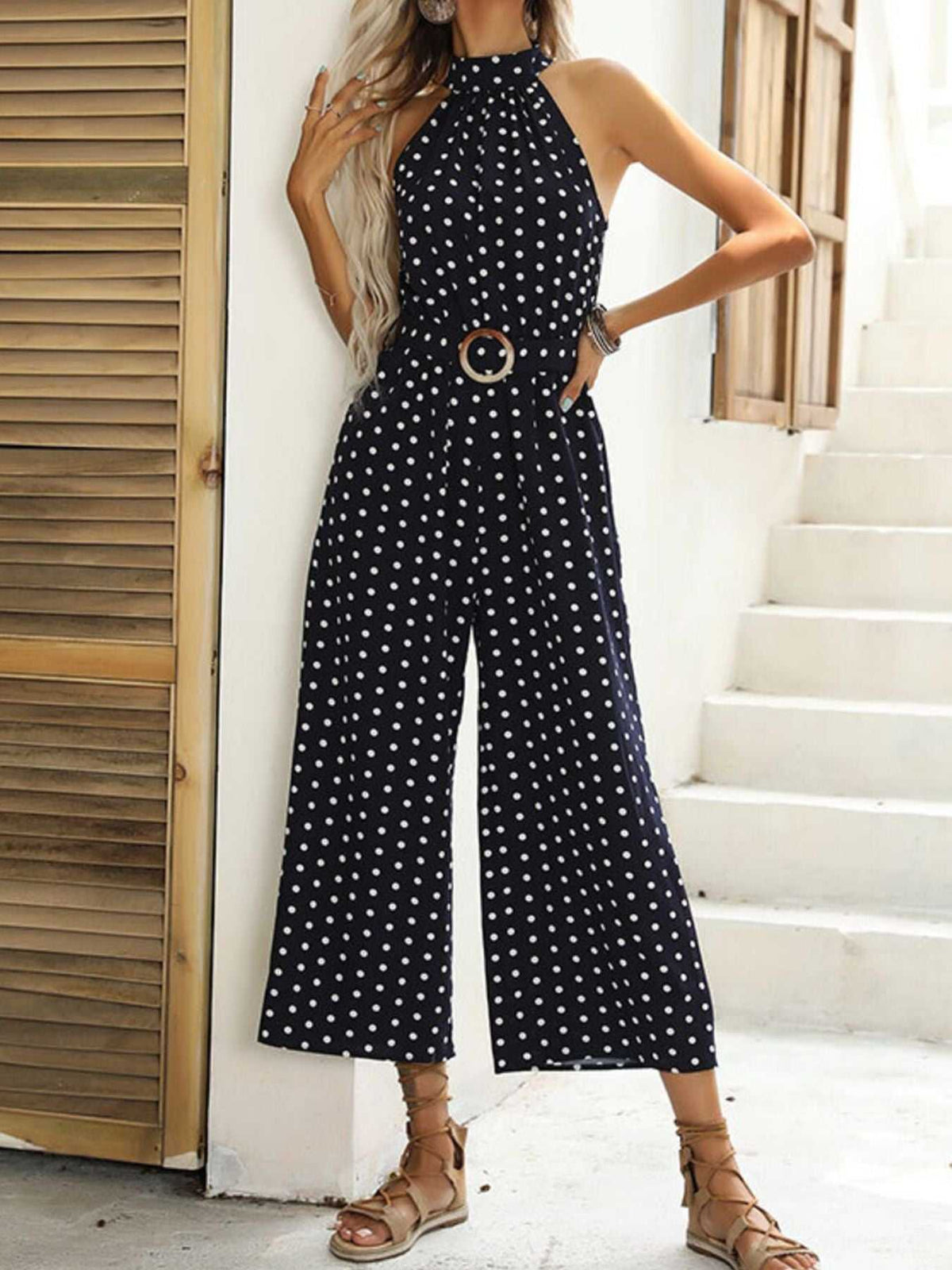 Polka Dot Halter Neck Wide Leg Jumpsuit 100100526983113 42 Affordable Fashion Under $100 Jerry's Apparel 