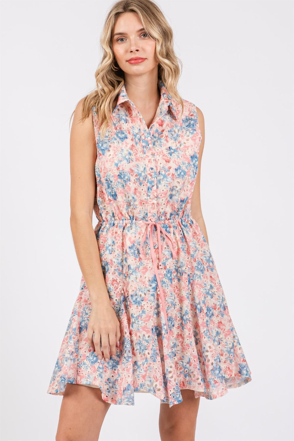 Full Size Floral Eyelet Sleeveless Mini Dress