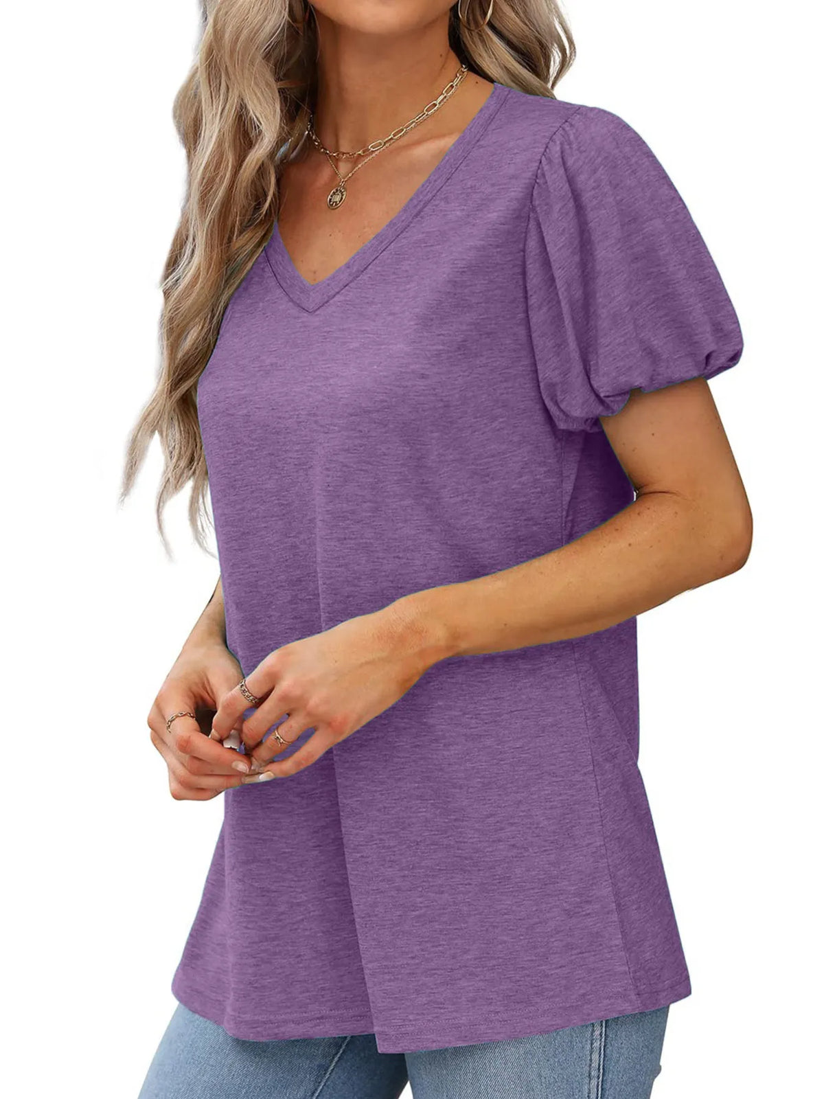 V-Neck Puff Sleeve Casual T-Shirt