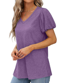 V-Neck Puff Sleeve Casual T-Shirt