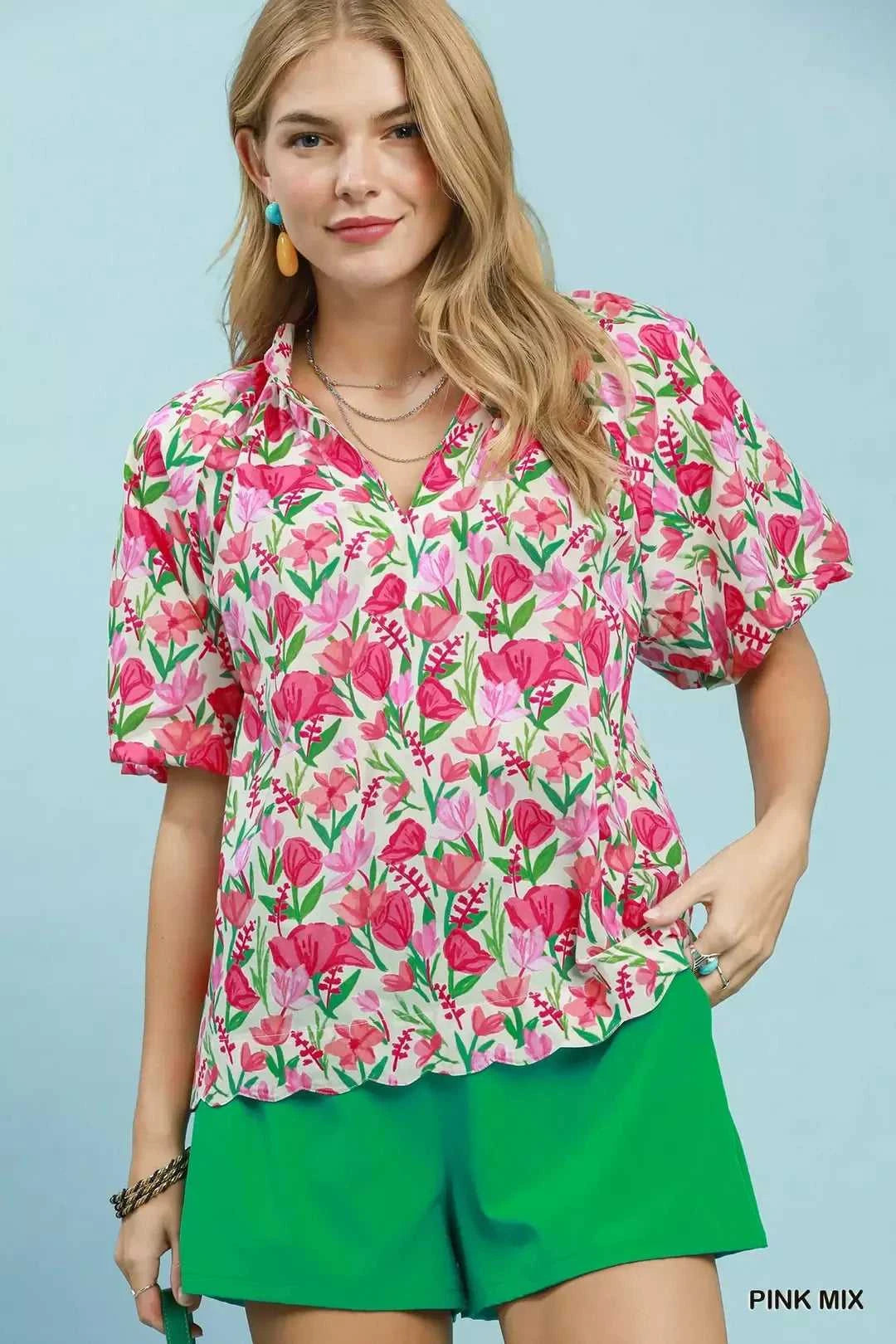 Umgee Floral Puff Sleeve Blouse with Scalloped Details 100100563671184 53 Affordable Fashion Under $100 Jerry's Apparel 