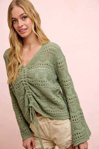 BiBi Pointelle Knit V Neck Ruched Front Lightweight Top 100100962711230 42 Affordable Fashion Under $100 Jerry's Apparel 