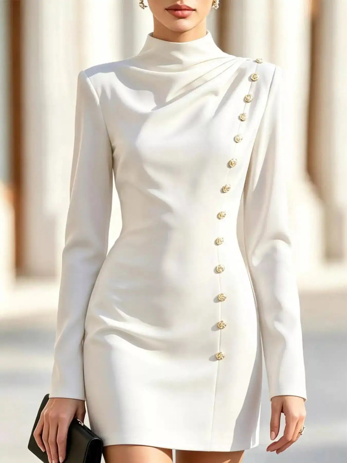 Mock Neck Long-Sleeve Bodycon Dress with Gold-Tone Button Detailing 101001571259490 49 Affordable Fashion Under $100 Jerry's Apparel 
