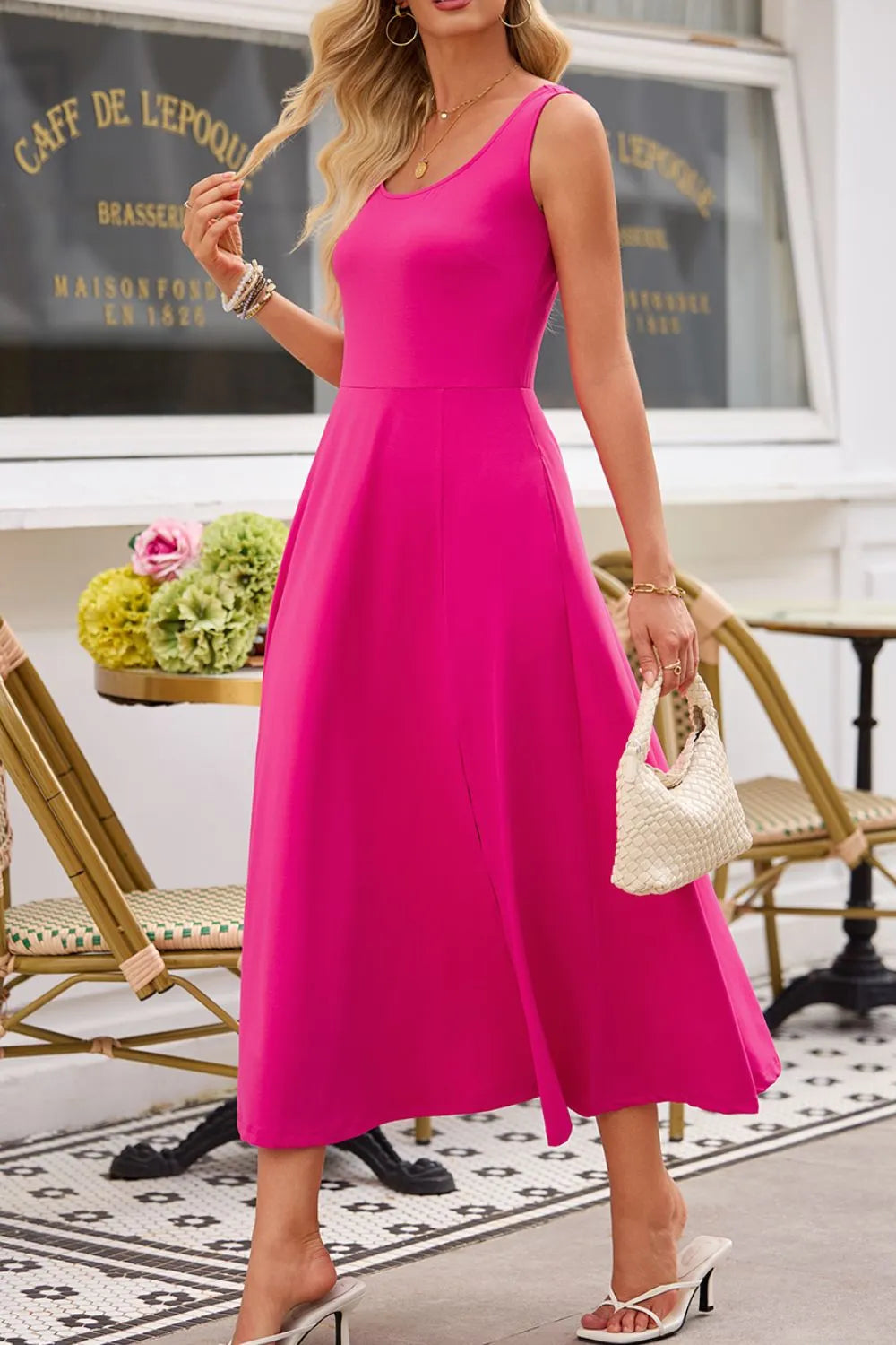 Side Slit Scoop Neck Wide Strap Dress