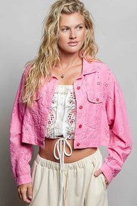 POL Eyelet Textured Cotton Cropped Button-Front Jacket 100100702861322 66 Jerry's Apparel 