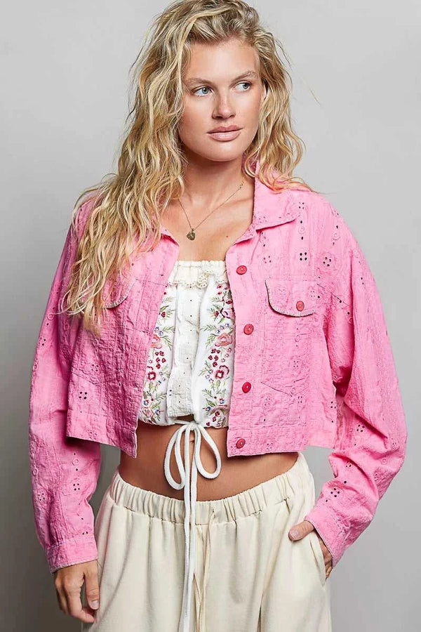 POL Eyelet Textured Cotton Cropped Button-Front Jacket 100100702861322 66 Jerry's Apparel 