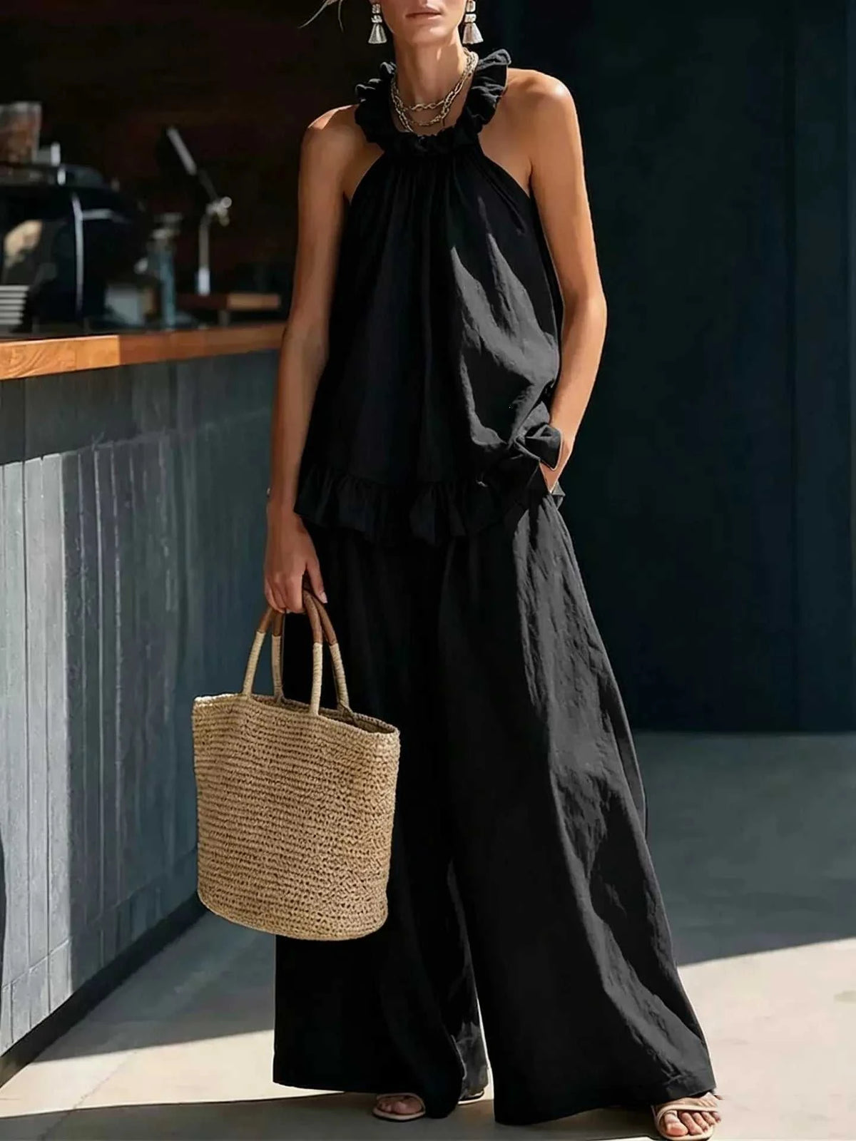 Full Size Ruffled Halter Neck Top and Wide-Leg Pants Set Plus Size 100100136728572 49 Affordable Fashion Under $100 Jerry's Apparel 