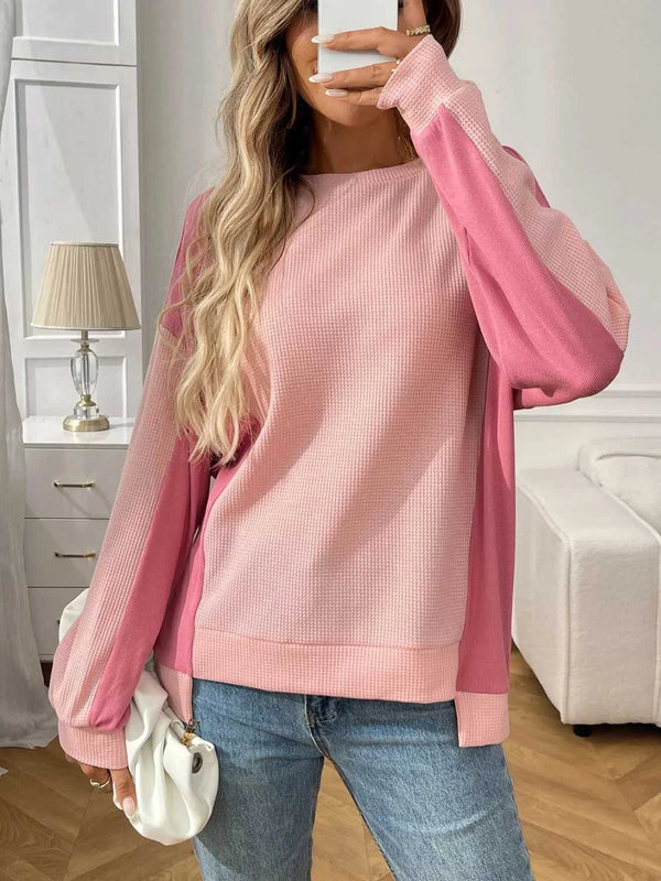 Color Block Waffle Knit Long Sleeve T-Shirt 100100404511401 37 Affordable Fashion Under $100 Jerry's Apparel 