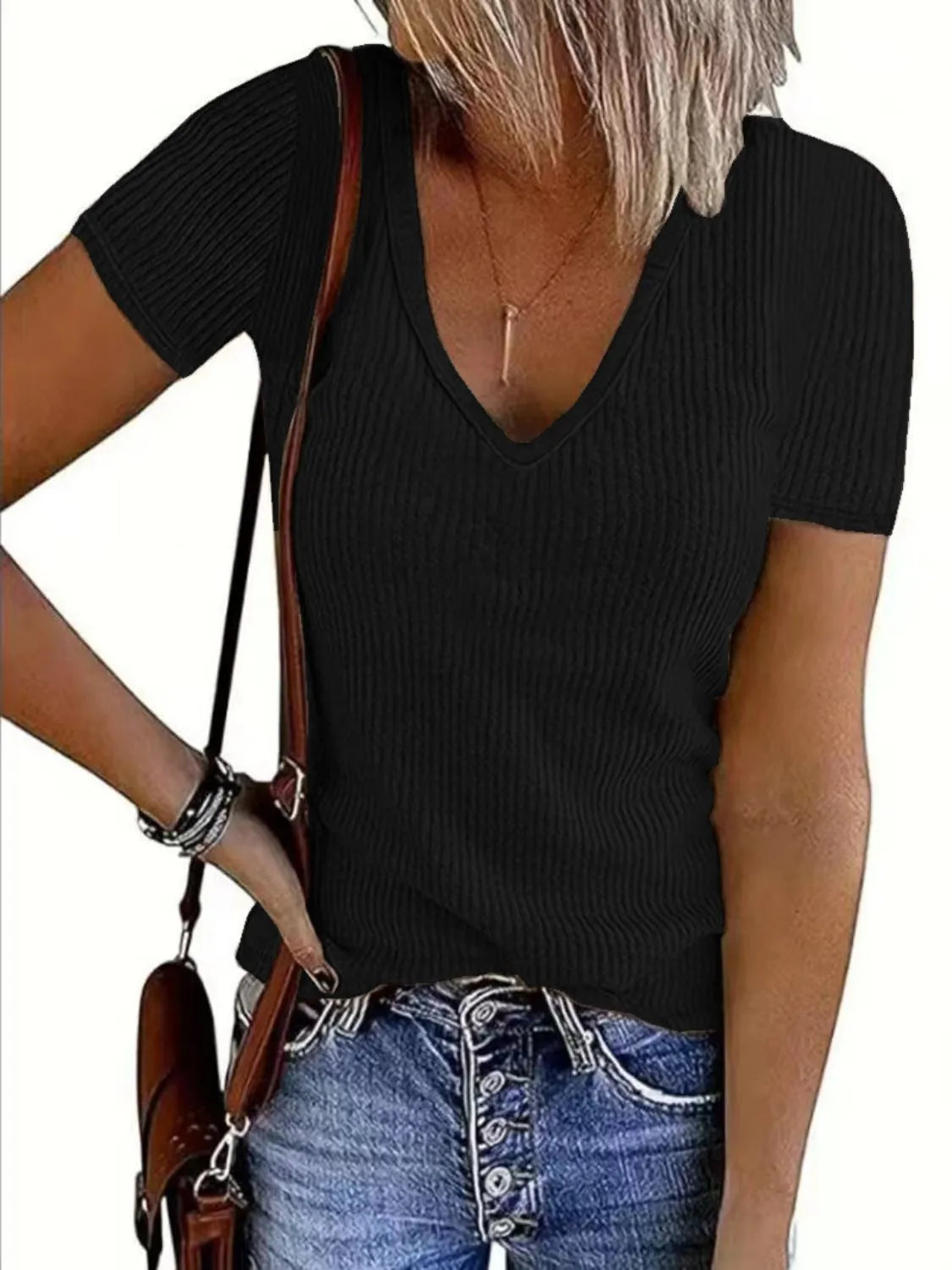 Solid V-Neck Short Sleeve T-Shirt