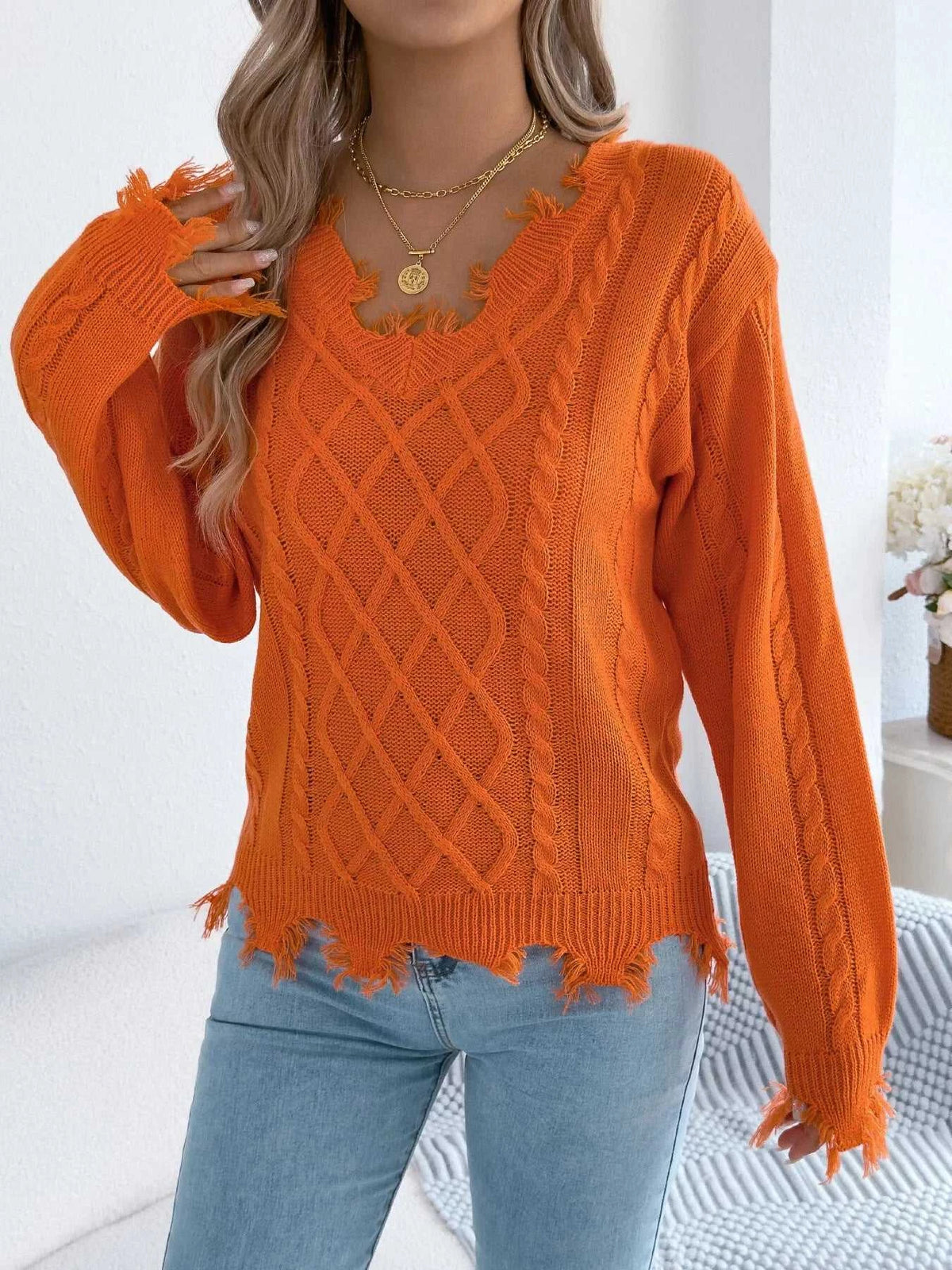 V-Neck Distressed Hem Cable Knit Sweater 101002745879602 36 Affordable Fashion Under $100 Jerry's Apparel 