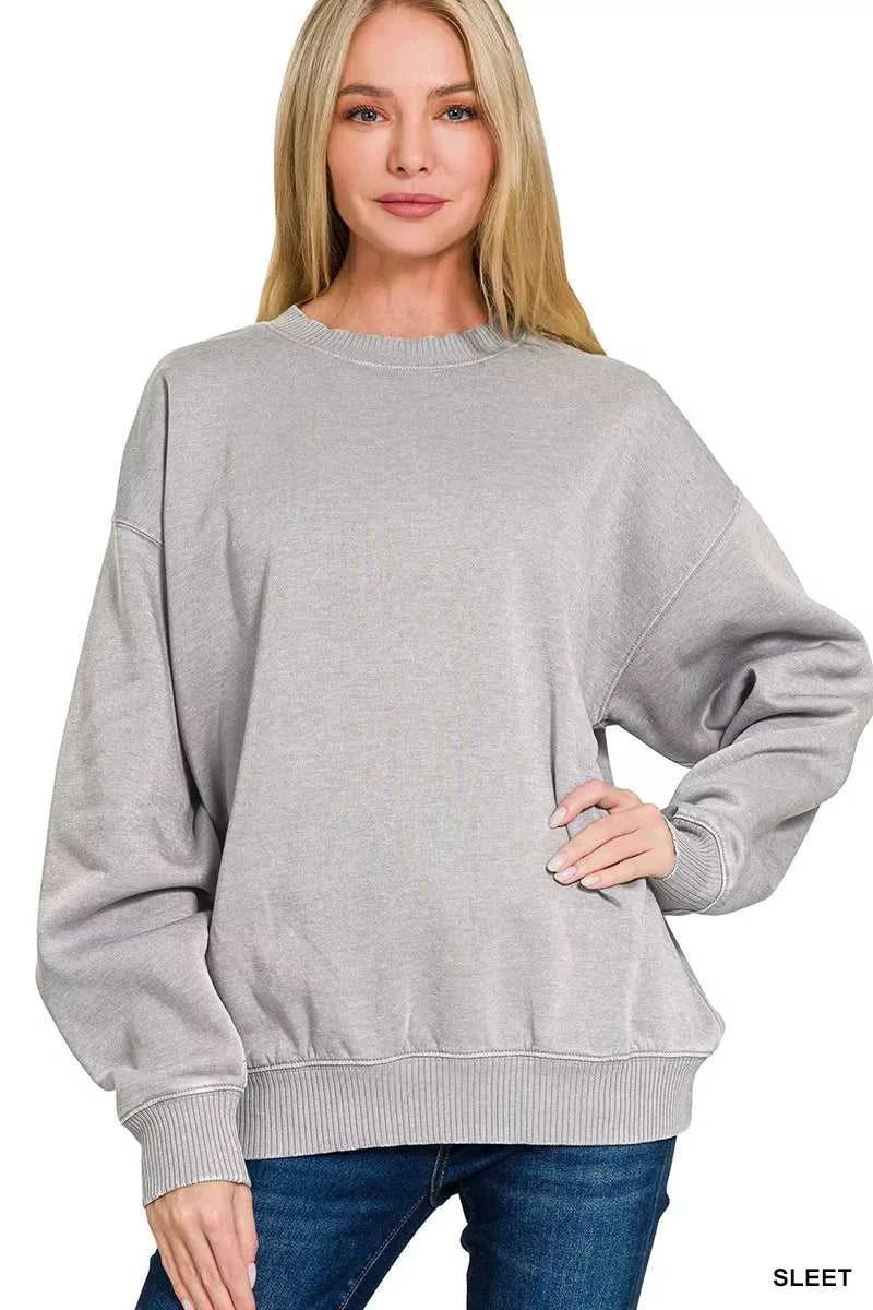 Zenana Fleece Acid Enzyme Washed Round Neck Sweatshirts 100100451251182 35 Jerry's Apparel 