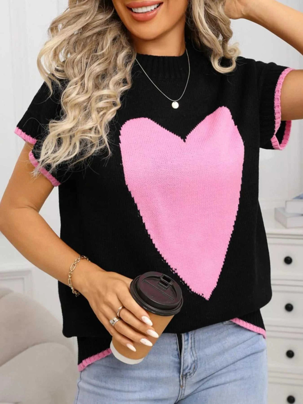 Valentine's Day Heart Graphic Short Sleeve Sweater 100100427412577 40 Affordable Fashion Under $100 Jerry's Apparel 