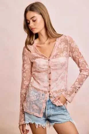 BiBi Bow Pattern Shrried V-neck Mesh Cardigan Top 100100638301325 44 Affordable Fashion Under $100 Jerry's Apparel 