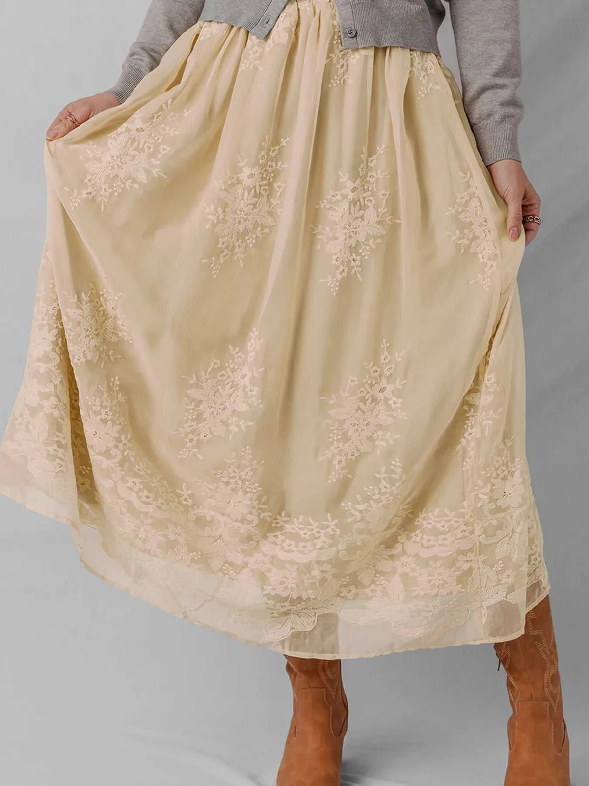 Embroidered Mesh Overlay Flowy Midi Skirt 100100602530081 64 Affordable Fashion Under $100 Jerry's Apparel 
