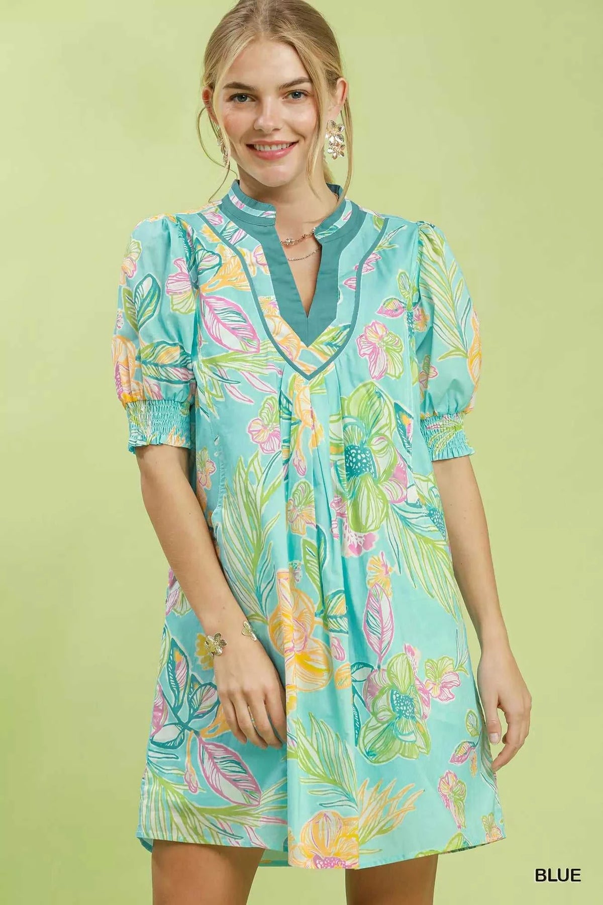 Umgee Botanical Print Dress with Smocked Cuffs 100100706751330 64 Affordable Fashion Under $100 Jerry's Apparel 