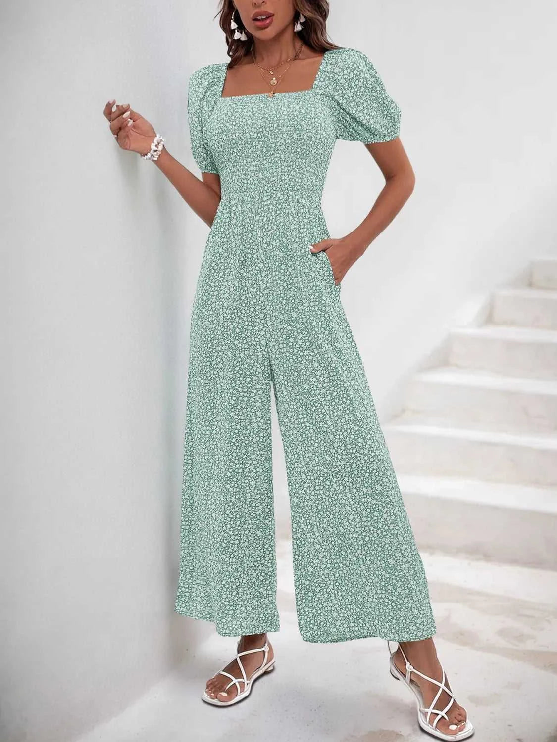 Printed Square Neck Puff Sleeve Jumpsuit 100100346581755 31 Affordable Fashion Under $100 Jerry's Apparel 