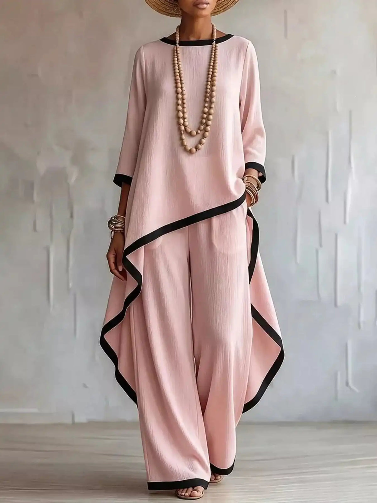 Full Size Contrast Trim High-Low Top and Pants Set Plus Size 101001695377847 67 Women's Pants Set Gifts for Her Jerry's Apparel 