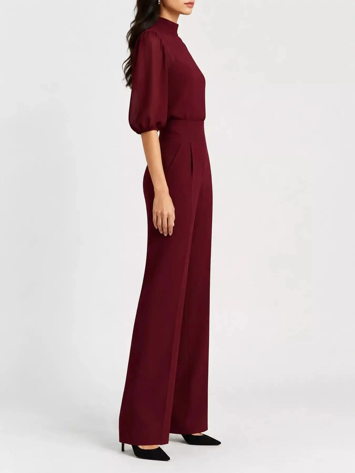 Mock Neck Puff Sleeve Top and Wide Leg Pants Set 101001448710869 73 Affordable Fashion Under $100 Jerry's Apparel 