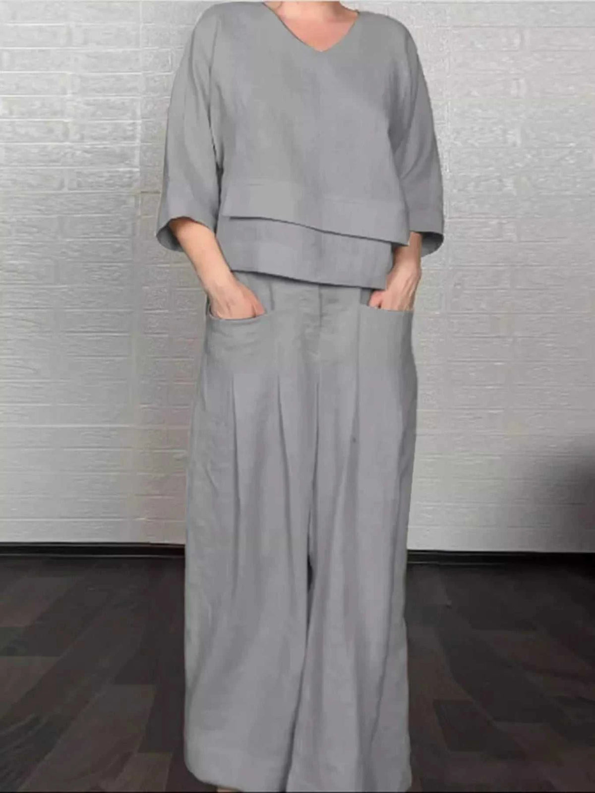 Full Size V-Neck Long Sleeve Top and Pants Set Plus Size 100100878243855 49 Affordable Fashion Under $100 Jerry's Apparel 