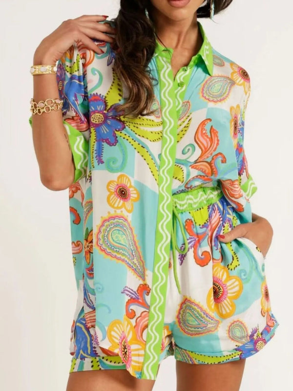 Printed Button Up Shirt and Shorts Set