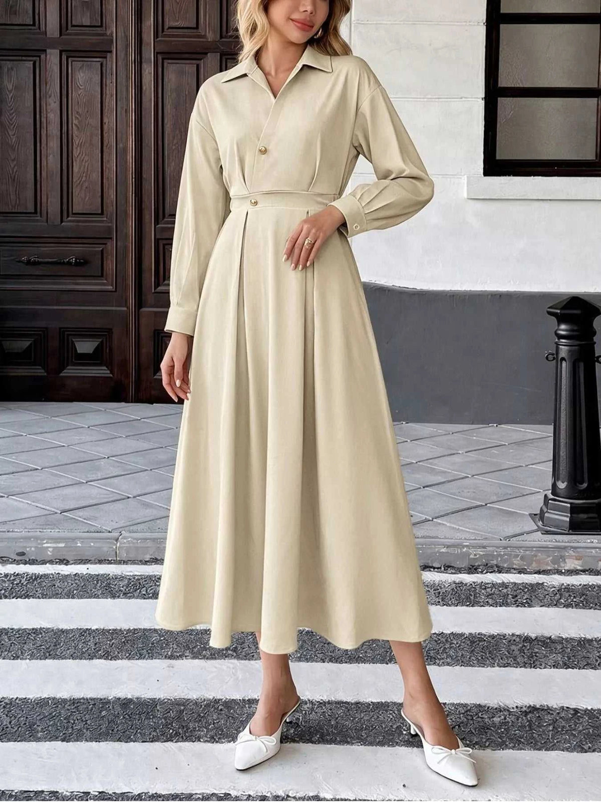 Pleated Button Detail Long Sleeve Shirt Dress 101001048648806 56 Affordable Fashion Under $100 Jerry's Apparel 