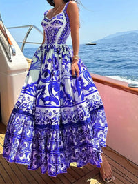 Full Size Printed Sweetheart Neck Maxi Cami Dress Plus Size