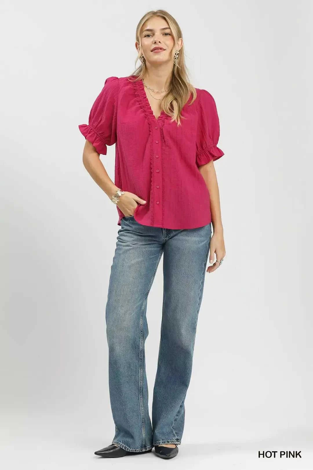 Umgee Textured Button-Front Puff Sleeve Top 100100866331431 49 Affordable Fashion Under $100 Jerry's Apparel 