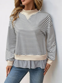 Perfee Faux Layered Striped Long Sleeve Sweatshirt