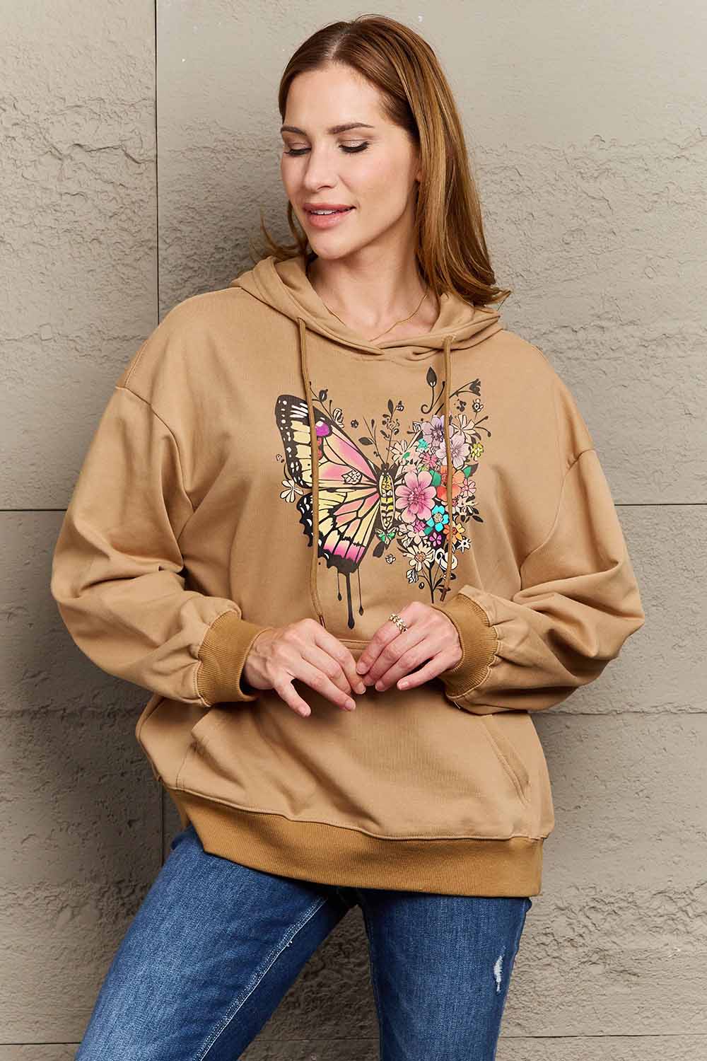 Full Size Butterfly Graphic Dropped Shoulder Hoodie