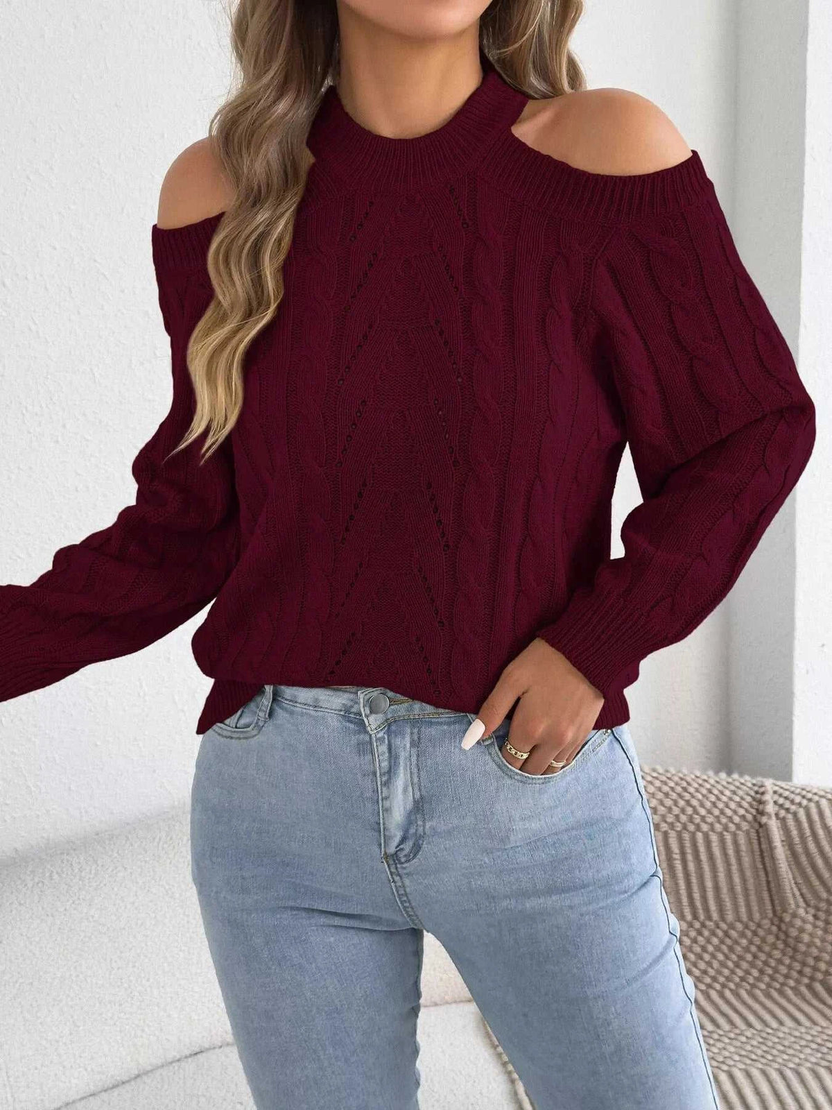 Cold Shoulder Cable Knit Sweater 101002208238460 36 Affordable Fashion Under $100 Jerry's Apparel 