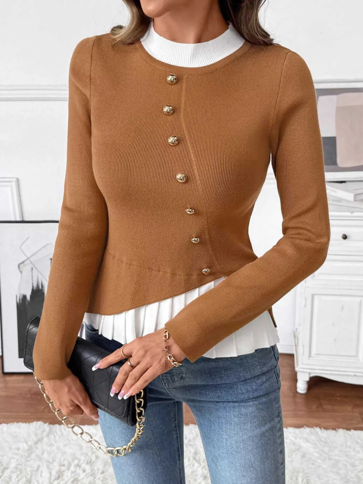 Decor Button Contrast Hem Knit Top 100100315297138 47 Affordable Fashion Under $100 Jerry's Apparel 