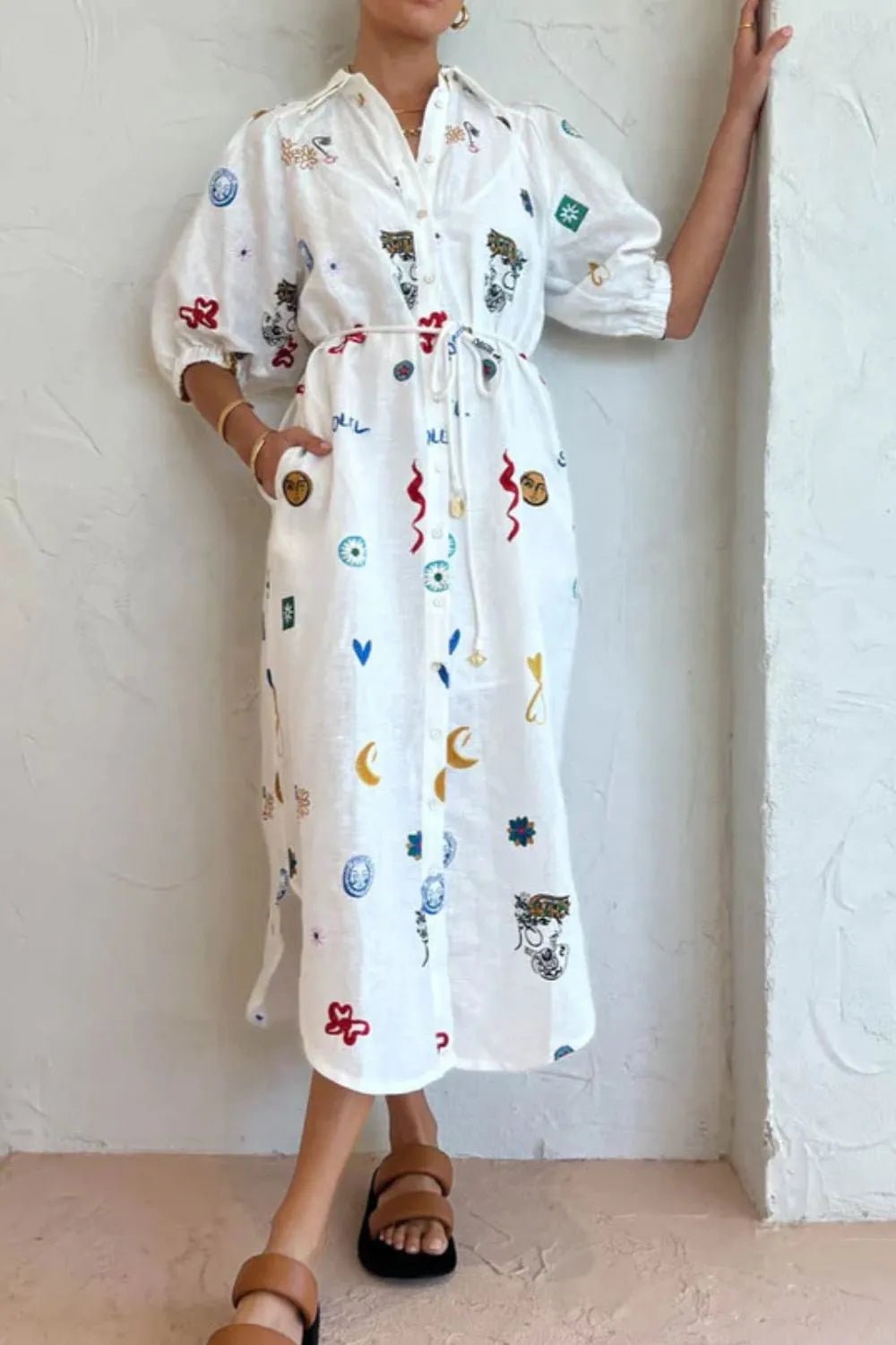 Printed Button-Up Midi Shirt Dress