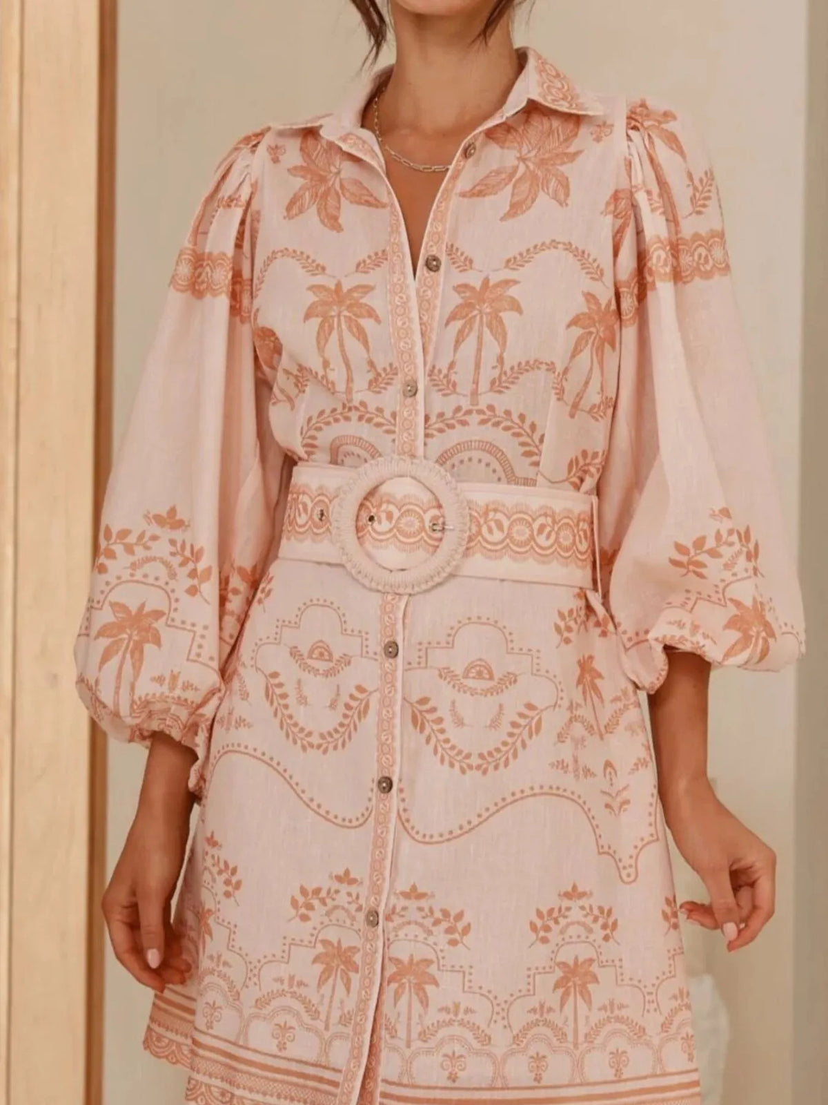 Printed Button Down Shirt Dress with Belt