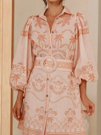Printed Button Down Shirt Dress with Belt