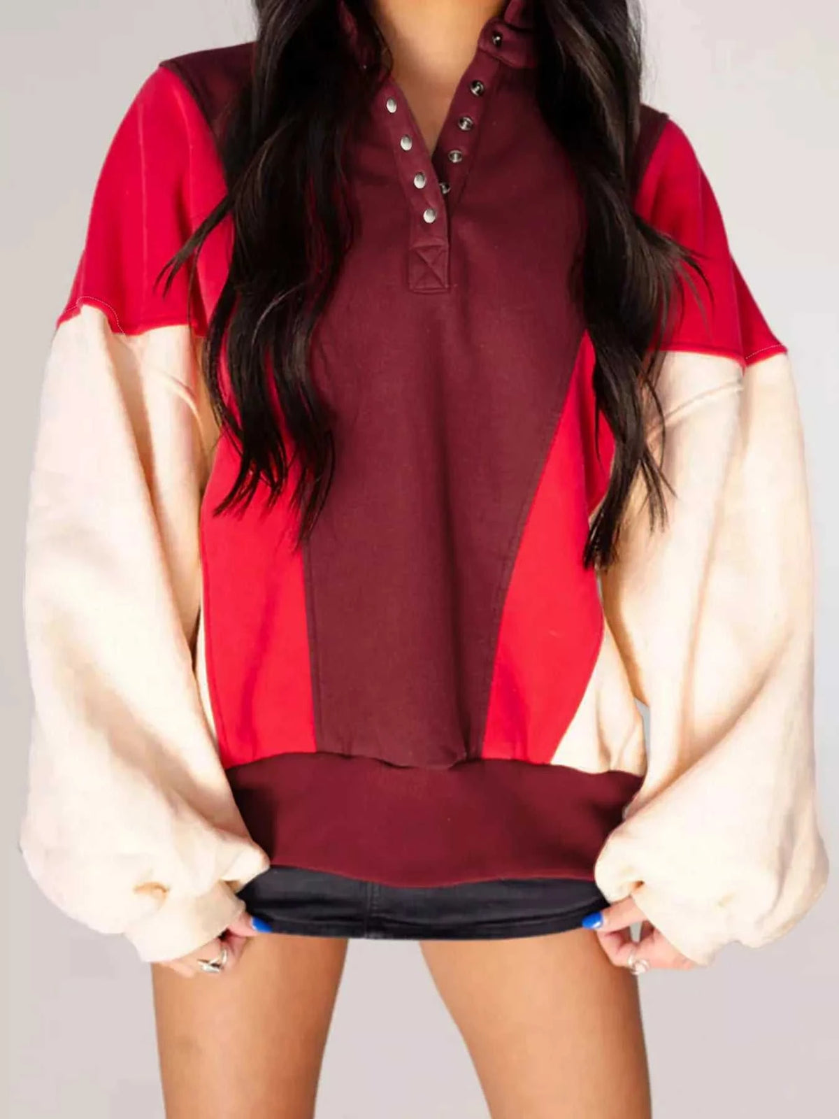 Color Block Patchwork Snap Button Oversize Hoodie 100100428996241 63 Affordable Fashion Under $100 Jerry's Apparel 