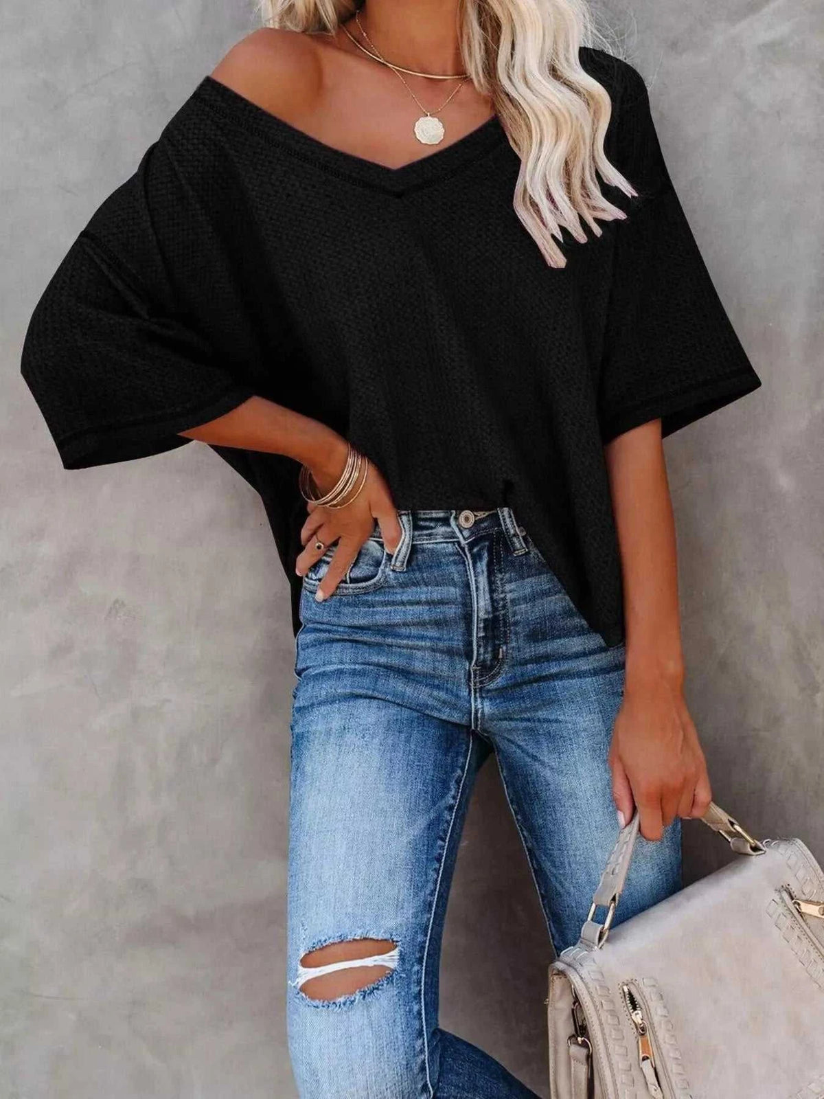 Waffle Knit V-Neck Short Sleeve T-Shirt 100100993990875 26 Affordable Fashion Under $100 Jerry's Apparel 