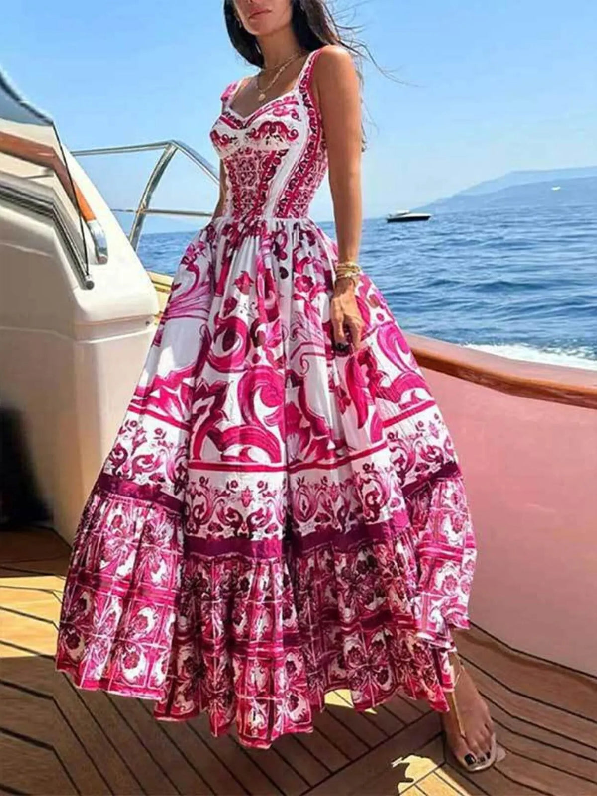 Full Size Printed Sweetheart Neck Maxi Cami Dress Plus Size