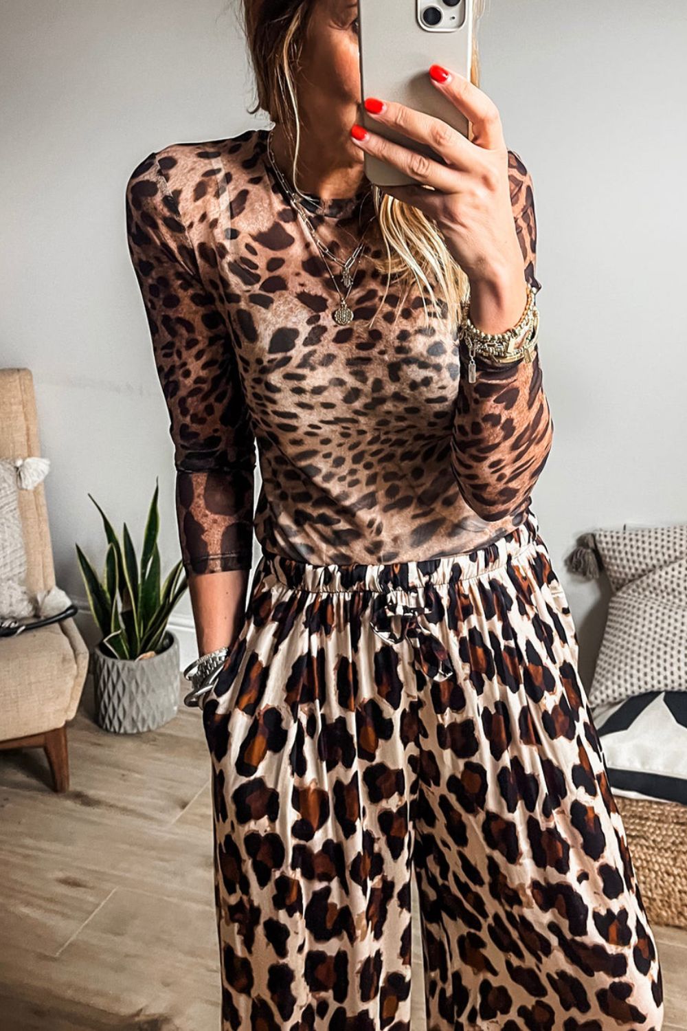 Leopard Round Neck Long Sleeve Blouse