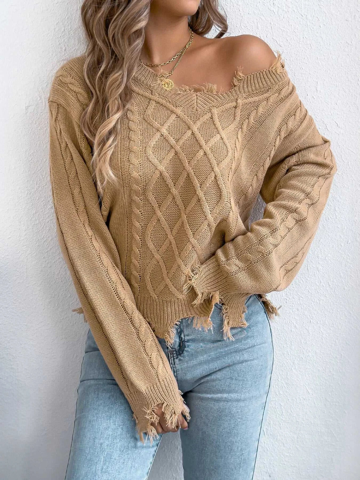 V-Neck Distressed Hem Cable Knit Sweater 101002745879602 36 Affordable Fashion Under $100 Jerry's Apparel 