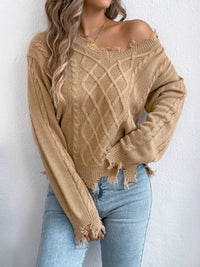 V-Neck Distressed Hem Cable Knit Sweater 101002745879602 36 Affordable Fashion Under $100 Jerry's Apparel 