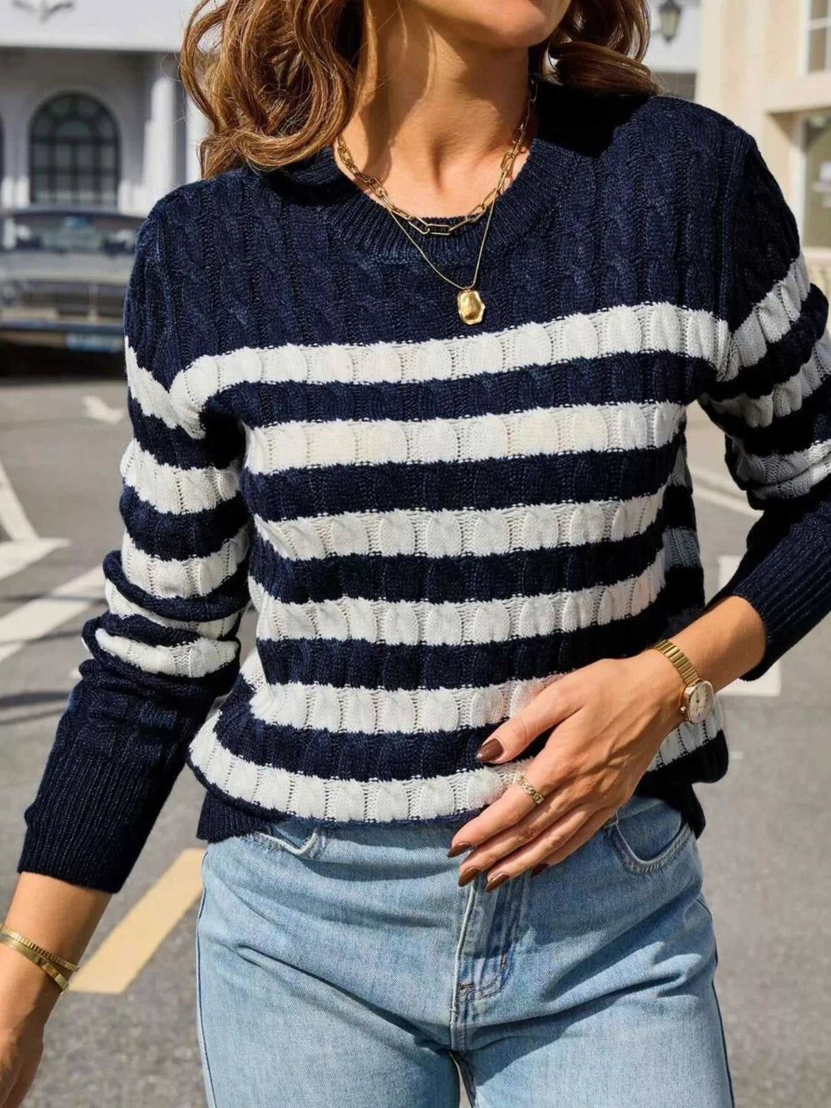 Striped Cable Knit Round Neck Sweater 100100499943508 42 Affordable Fashion Under $100 Jerry's Apparel 