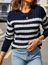 Striped Cable Knit Round Neck Sweater 100100499943508 42 Affordable Fashion Under $100 Jerry's Apparel 