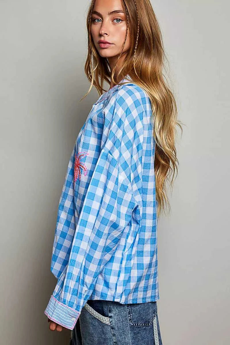 POL Gingham Embroidered Palm Tree Blouse 100100319081062 50 Affordable Fashion Under $100 Jerry's Apparel 