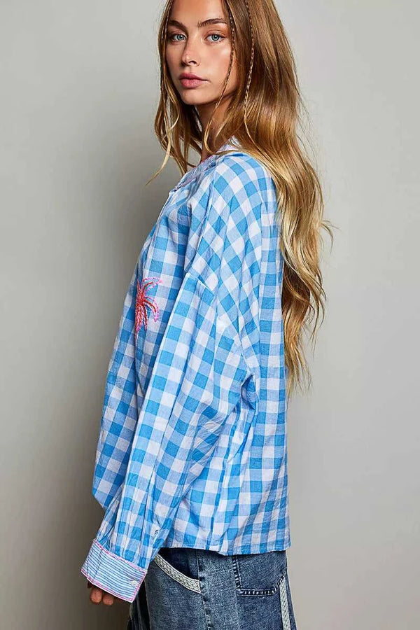 POL Gingham Embroidered Palm Tree Blouse 100100319081062 50 Affordable Fashion Under $100 Jerry's Apparel 