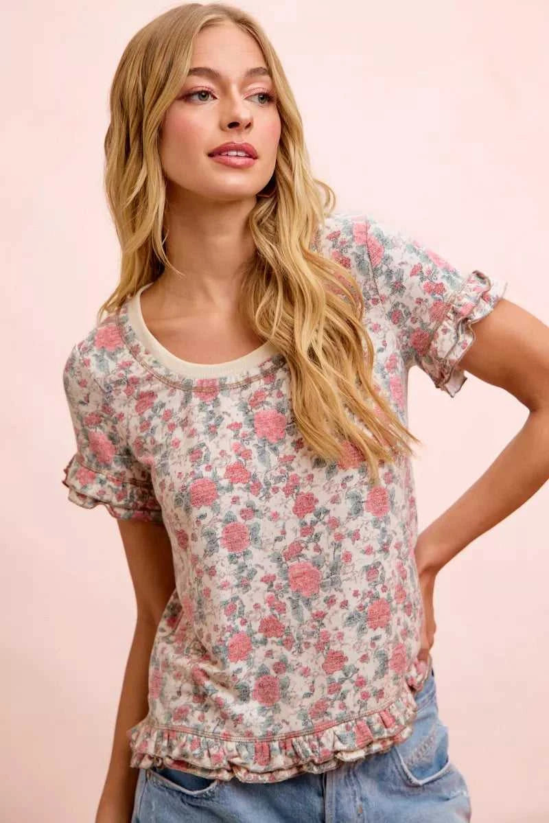 BiBi Rose Printed Slub Knit Ruffled Sleeves Top 100100307291292 38 Affordable Fashion Under $100 Jerry's Apparel 