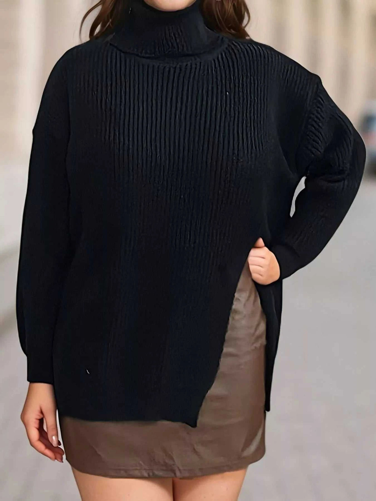 Plus Size Side Slit Ribbed Turtleneck Sweater 101002194688617 38 Affordable Fashion Under $100 Jerry's Apparel 