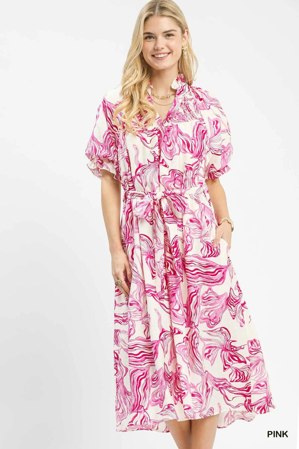 Umgee Abstract Print Smocked Tie Waist Midi Dress 100100415061314 61 Affordable Fashion Under $100 Jerry's Apparel 